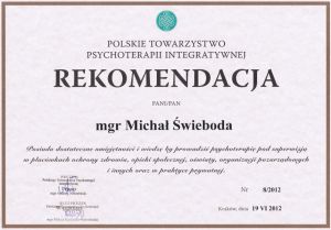 Rekomendacja Psychoterapeuty Polskiego Towarzystwa Psychoterapii Integratywnej (2012).